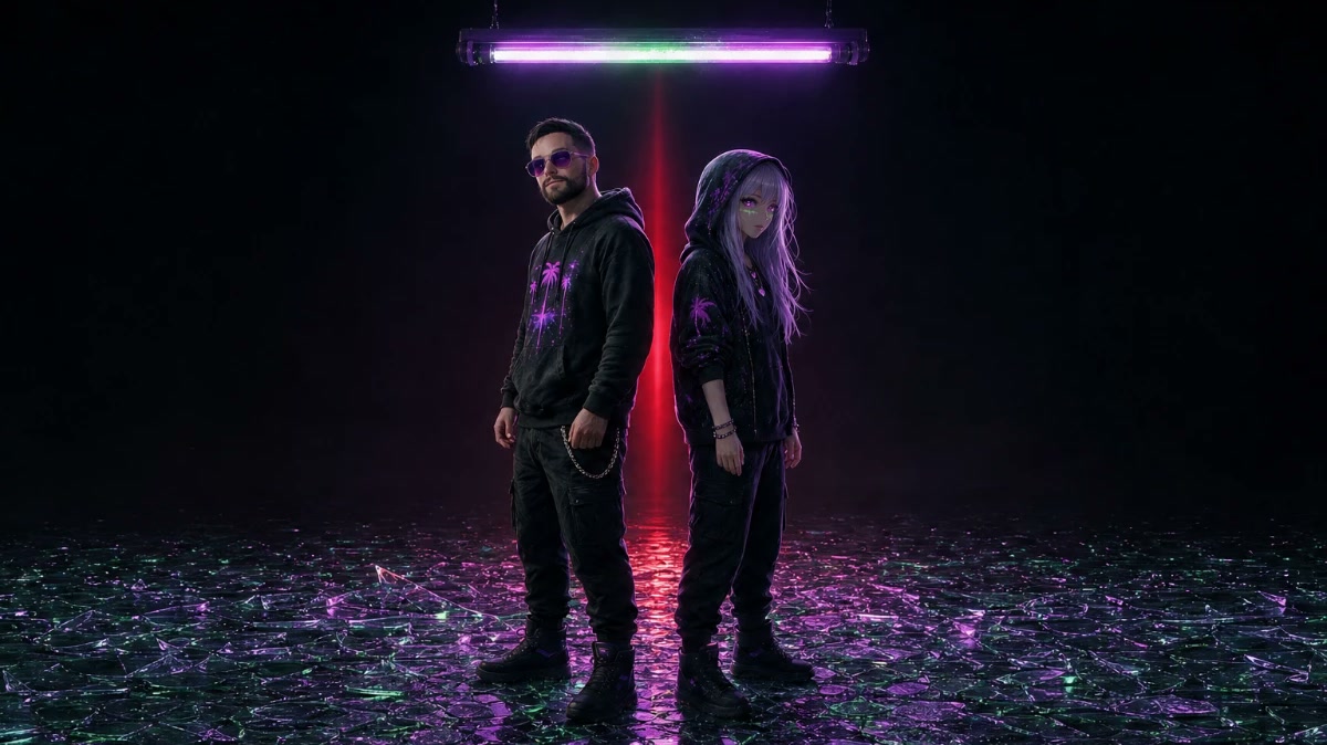 Cp3rap and Pulse standing back to back on a floor of broken glass under a hanging neon tube, a red light running between them.