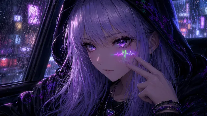 Pulse in the back of a car on a rainy night, city lights blurred on the glass, two fingers raised to her heartbeat mark.