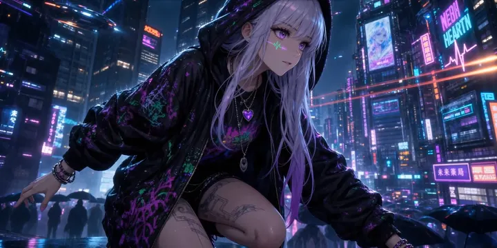 Pulse crouched on a rooftop in the rain above a neon city at night.