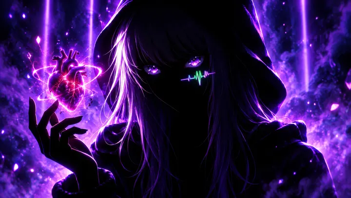 Pulse in near-silhouette under her hood, holding a glowing anatomical heart, her heartbeat mark the brightest thing in the frame.