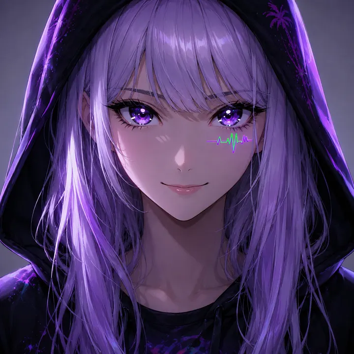 Pulse in close-up under her hood, smiling, violet eyes, the heartbeat mark glowing under her left eye.
