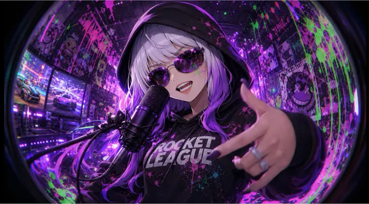 Pulse in purple sunglasses singing into a studio microphone and pointing at the camera, in a paint-splattered room seen through a fisheye lens.