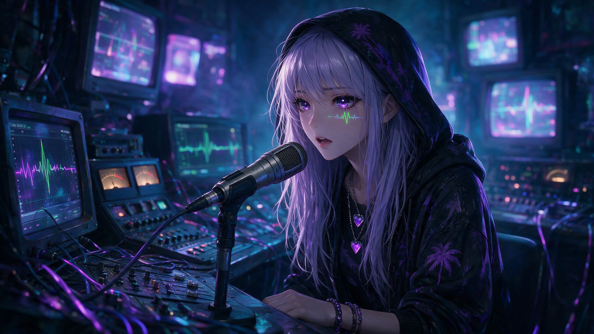 Pulse, a character with silver-lavender hair and a glowing heartbeat mark under her left eye, singing into a microphone in a dark room full of monitors.