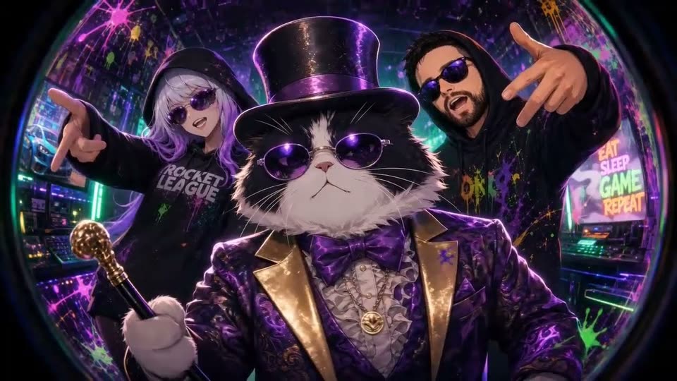 A large black-and-white cat in a purple top hat, sunglasses and a gold-lapelled suit, holding a cane, with Pulse and Cp3rap pointing at the camera behind him.