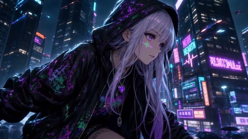Pulse crouched in the rain above a neon city at night, looking out across the skyline.